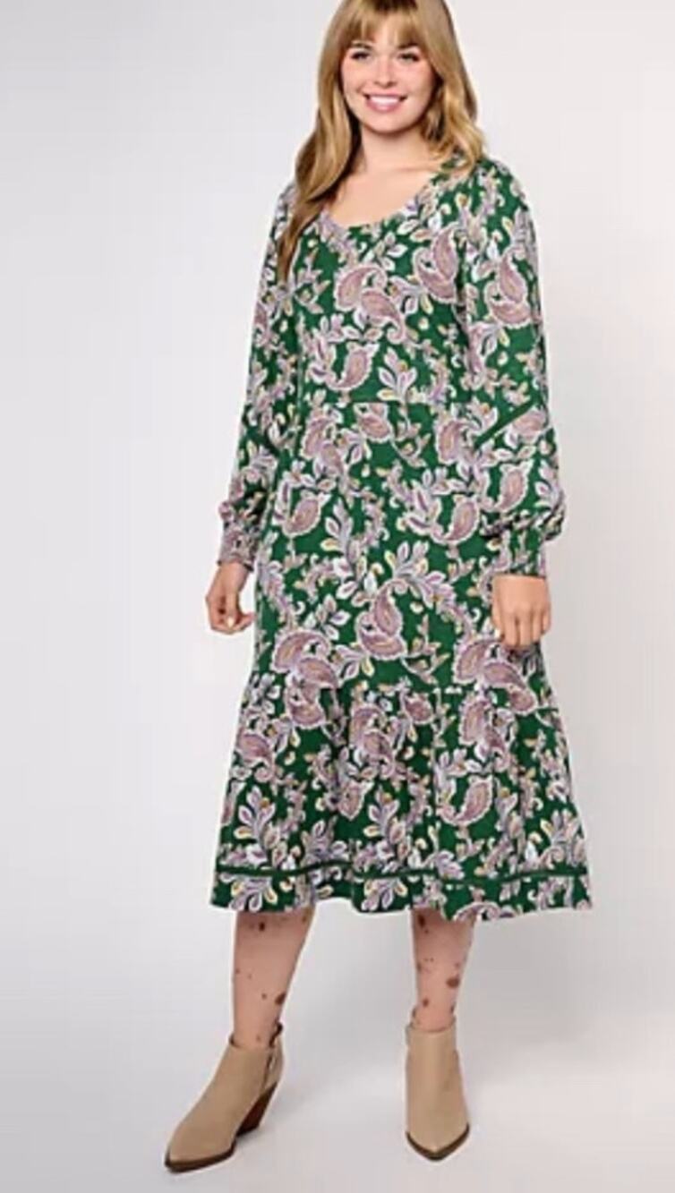 Canyon Retreat Green Paisley Midi Boot Boho Peasant Flowy Prairie Dress XLP